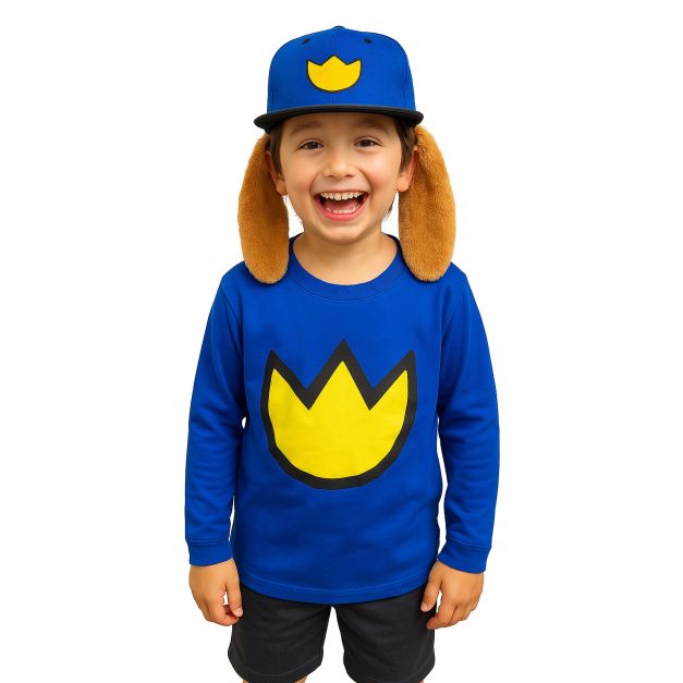 Kids blue superhero dog costume with yellow crown badge shirt and plush ear cap Kids blue superhero dog costume with yellow crown badge shirt and plush ear cap