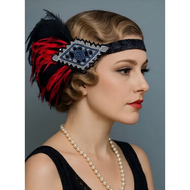 Adult 1920s flapper headband with black and red ostrich feathers and beaded Art Deco panel Adult 1920s flapper headband with black and red ostrich feathers and beaded Art Deco panel