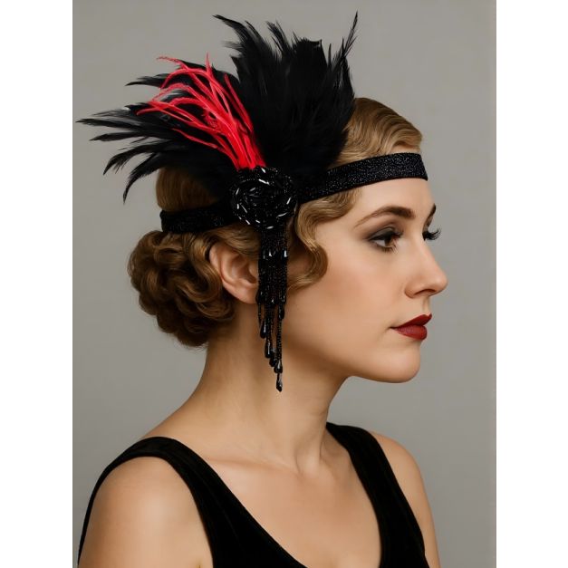 Adult red and black feather headband with beaded centerpiece and tassel fringe worn on model with 1920s finger-wave updo Adult red and black feather headband with beaded centerpiece and tassel fringe worn on model with 1920s finger-wave updo