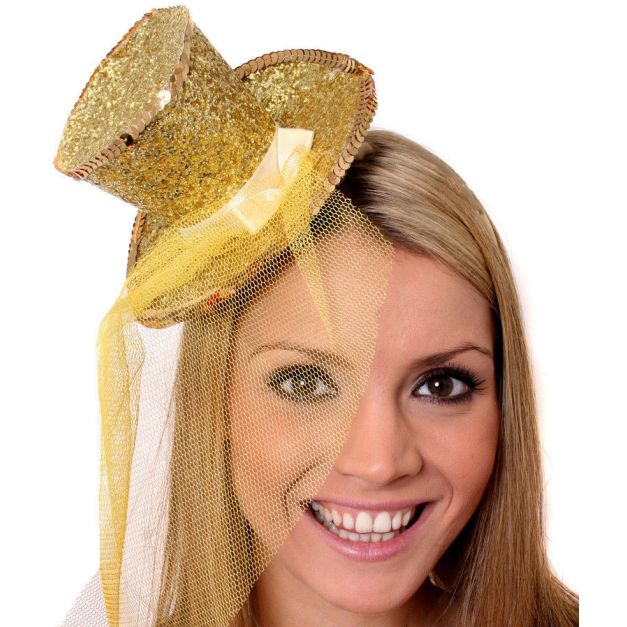 Gold Fever Mini Top Hat on headband Ladies Mini Glitter Top Hat - alternate view Gold Fever Mini Top Hat on headband Ladies Mini Glitter Top Hat - alternate view