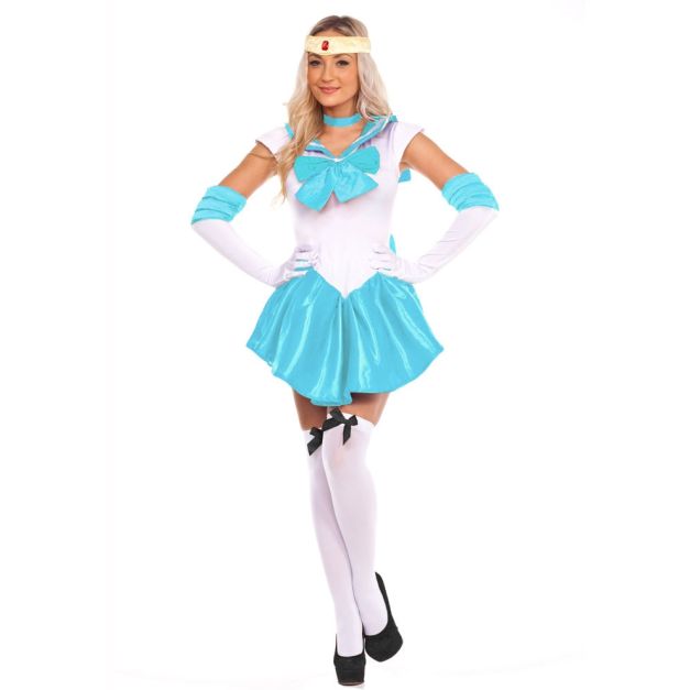 Adult sailor scout costume in white and teal with gold headband Adult sailor scout costume in white and teal with gold headband