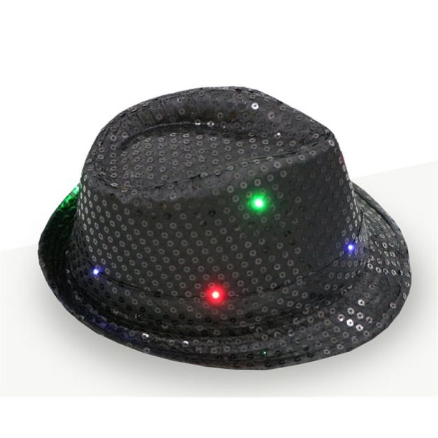 Close-up of sequined fedora hat showing embedded red, green and blue LED lights Close-up of sequined fedora hat showing embedded red, green and blue LED lights