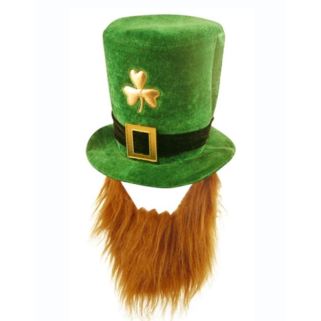 Adult kelly green leprechaun hat with attached ginger beard and gold shamrock Adult kelly green leprechaun hat with attached ginger beard and gold shamrock