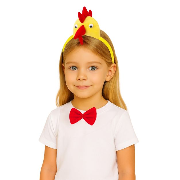 Kids yellow chicken headband with red comb, beak, wattle and googly eyes Kids yellow chicken headband with red comb, beak, wattle and googly eyes