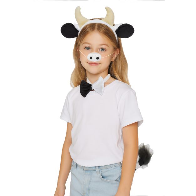 Kids cow costume accessory set with black ears headband, cream horns, bow tie and tail Kids cow costume accessory set with black ears headband, cream horns, bow tie and tail