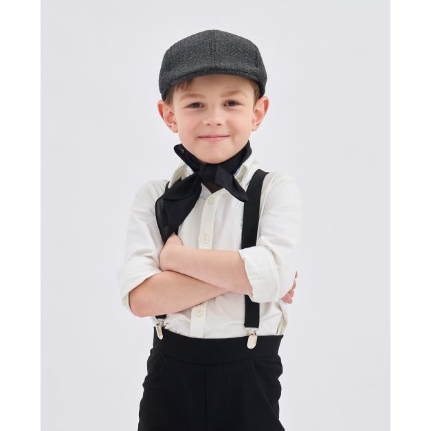 Kids grey herringbone flat cap with six-panel crown and short brim Kids grey herringbone flat cap with six-panel crown and short brim