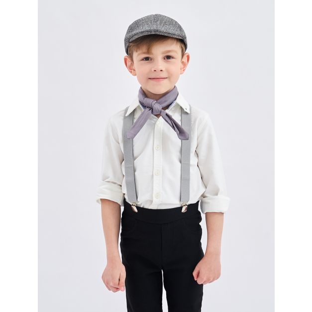 Adjustable Victorian boy suspenders with metal slide fasteners on grey elastic straps Adjustable Victorian boy suspenders with metal slide fasteners on grey elastic straps