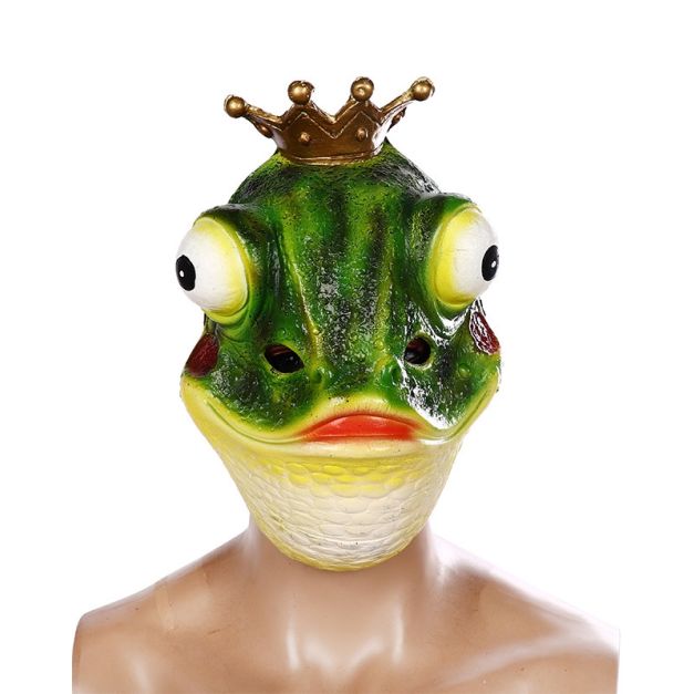 Adult frog mask with green latex finish, golden crown and bulging cartoon eyes Adult frog mask with green latex finish, golden crown and bulging cartoon eyes