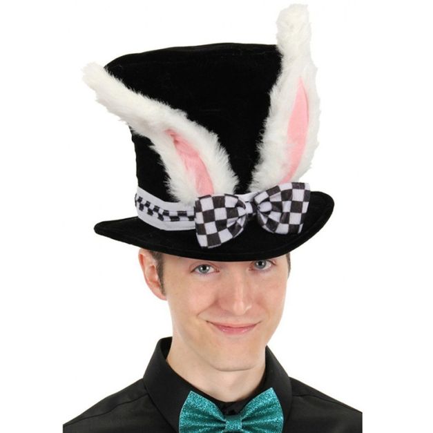 Adult black top hat with white rabbit ears and checkered bow on model Adult black top hat with white rabbit ears and checkered bow on model