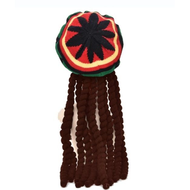 Adult Rasta beret in red yellow green black with brown dreadlocks attached Adult Rasta beret in red yellow green black with brown dreadlocks attached