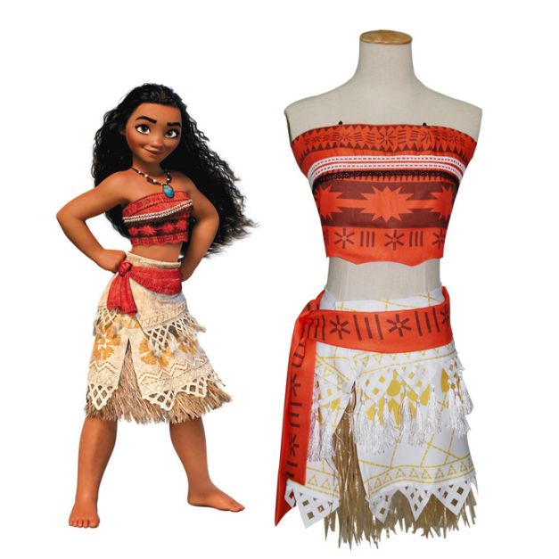 Tropical island voyager costume showing geometric tribal prints and gold metallic fringe details