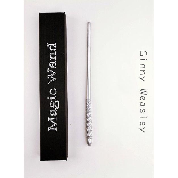 Metallic silver wizarding wand with ornate sculpted handle in rigid collector box Metallic silver wizarding wand with ornate sculpted handle in rigid collector box