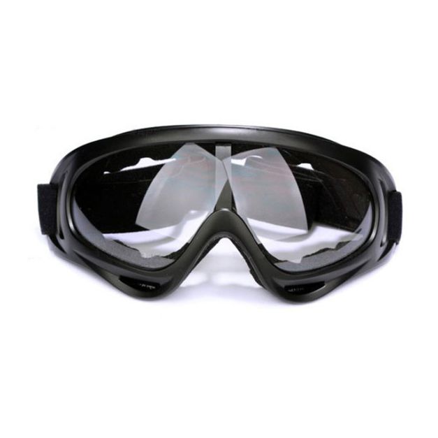 Adult black jockey goggles with clear curved lens and adjustable strap