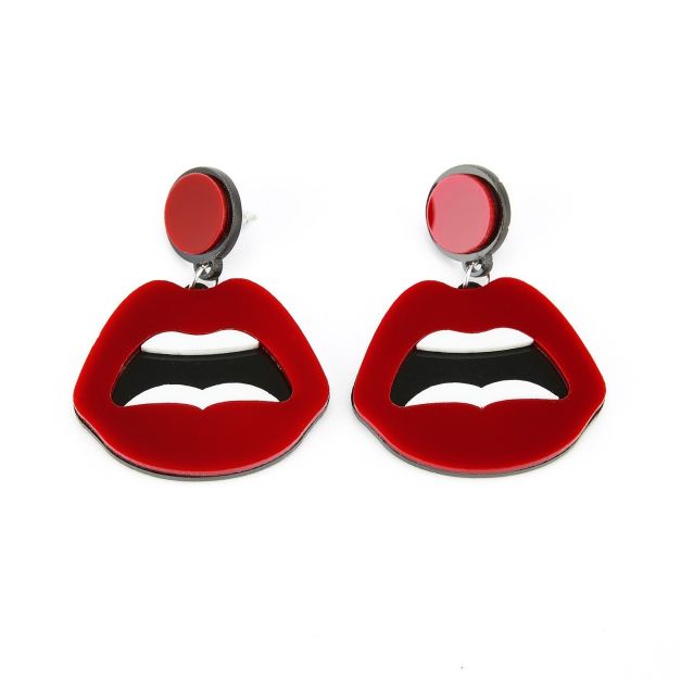 Red enamel lip dangle earrings with circular stud tops on white background Red enamel lip dangle earrings with circular stud tops on white background