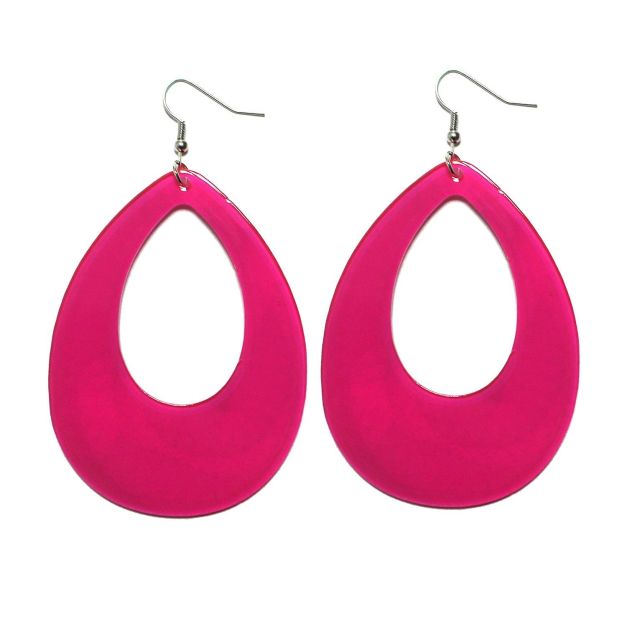 Neon pink teardrop earrings with hollow oval cutout on white background Neon pink teardrop earrings with hollow oval cutout on white background