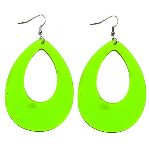 Neon green oversized teardrop hoop earrings with cut-out centre for 80s costume Neon green oversized teardrop hoop earrings with cut-out centre for 80s costume