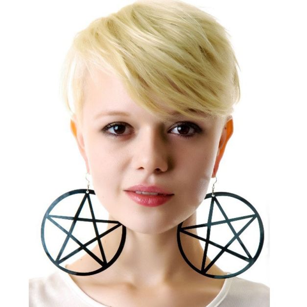 Adult Black Pentagram Hoop Earrings - 80s Gothic Statement Accessory - alternate view 4 Adult Black Pentagram Hoop Earrings - 80s Gothic Statement Accessory - alternate view 4