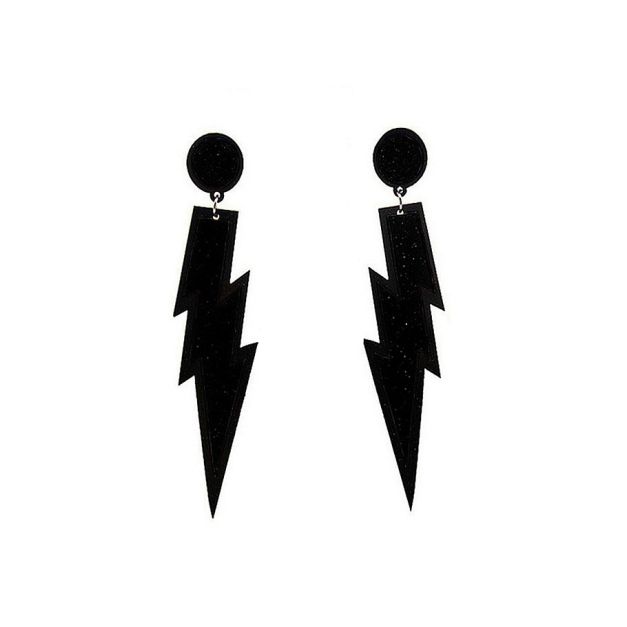 Adult 1980s black glitter lightning bolt dangle earrings with circular stud tops Adult 1980s black glitter lightning bolt dangle earrings with circular stud tops