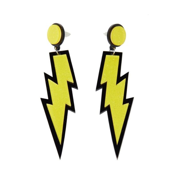 Adult 80s Lightning Bolt Earrings - Neon Yellow Glitter Stud Dangles - alternate view 6 Adult 80s Lightning Bolt Earrings - Neon Yellow Glitter Stud Dangles - alternate view 6