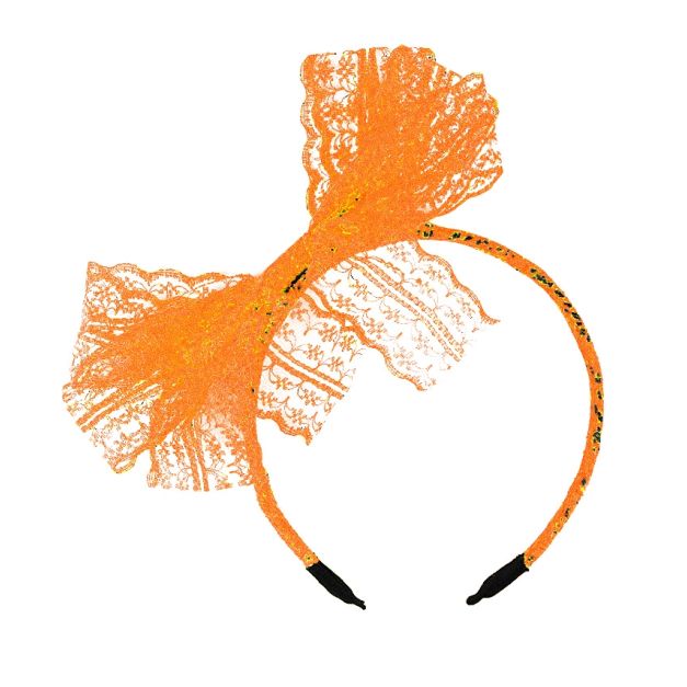 Bright orange lace headband with oversized asymmetrical bow for 80s costume parties