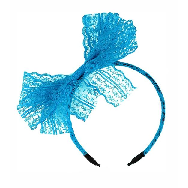 Turquoise blue lace bow headband with oversized pleated bow and scalloped edges