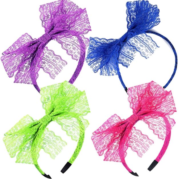 Four neon lace bow headbands in green, pink, purple and blue for 80s themed parties Four neon lace bow headbands in green, pink, purple and blue for 80s themed parties