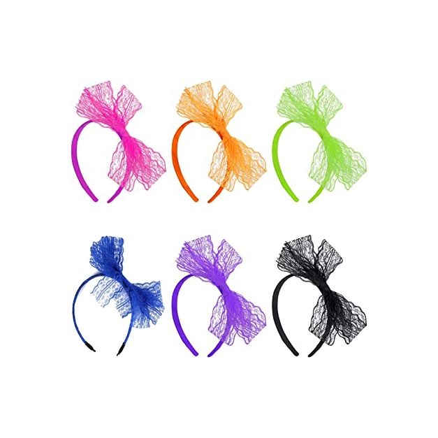 Six neon lace bow headbands in pink orange green blue purple black with oversized bows Six neon lace bow headbands in pink orange green blue purple black with oversized bows