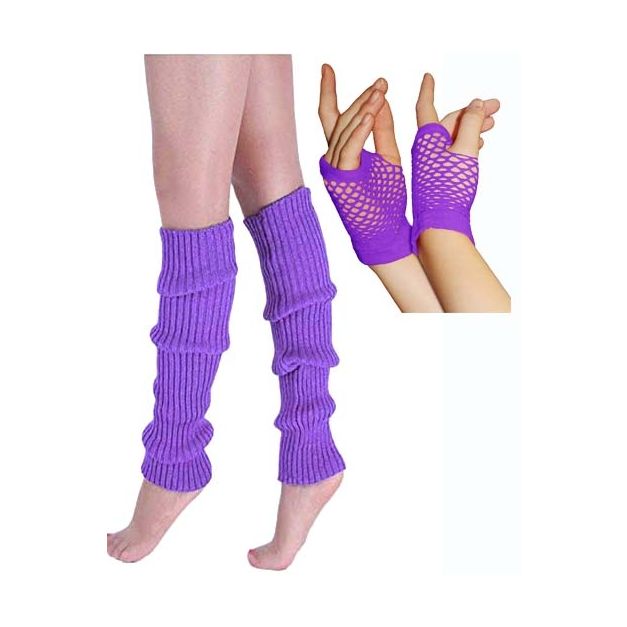 Adult purple ribbed leg warmers and fingerless fishnet gloves set for 80s retro costume