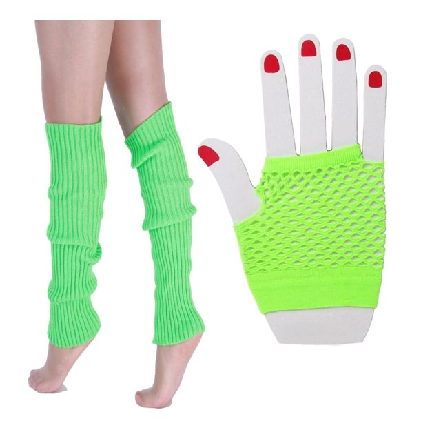 42cm neon green leg warmers with vertical ribbed knit texture scrunched on legs 42cm neon green leg warmers with vertical ribbed knit texture scrunched on legs