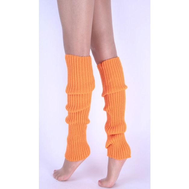 Neon orange ribbed knit leg warmers with vertical texture and scrunch layers Neon orange ribbed knit leg warmers with vertical texture and scrunch layers