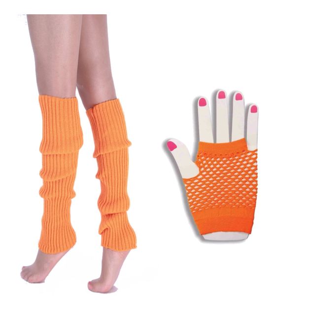 Neon orange ribbed leg warmers and fingerless fishnet gloves on adult model Neon orange ribbed leg warmers and fingerless fishnet gloves on adult model