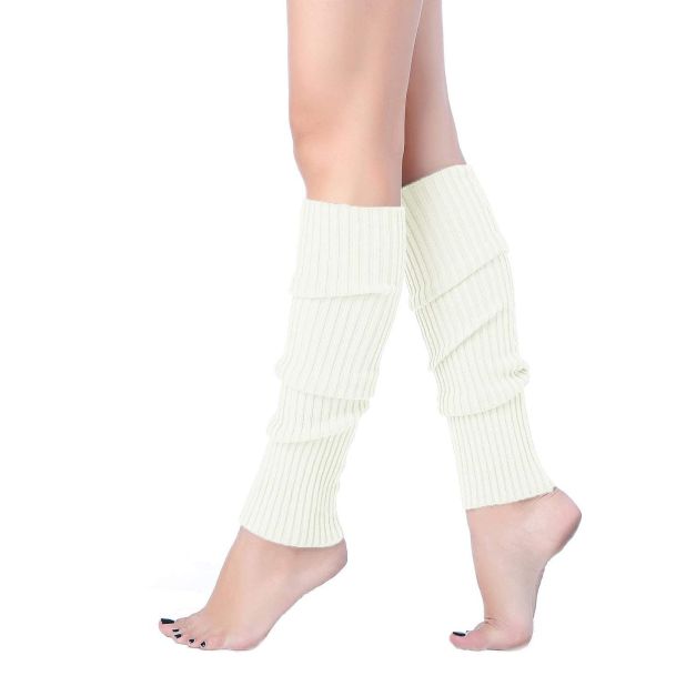 Cream ribbed leg warmers with three scrunched tiers for 80s costume