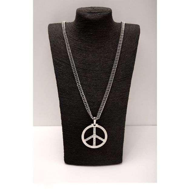 70s hippie peace symbol necklace on double curb chain, close-up of rhinestone-set spokes 70s hippie peace symbol necklace on double curb chain, close-up of rhinestone-set spokes