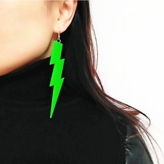 Neon green lightning bolt drop earrings with glitter finish Neon green lightning bolt drop earrings with glitter finish