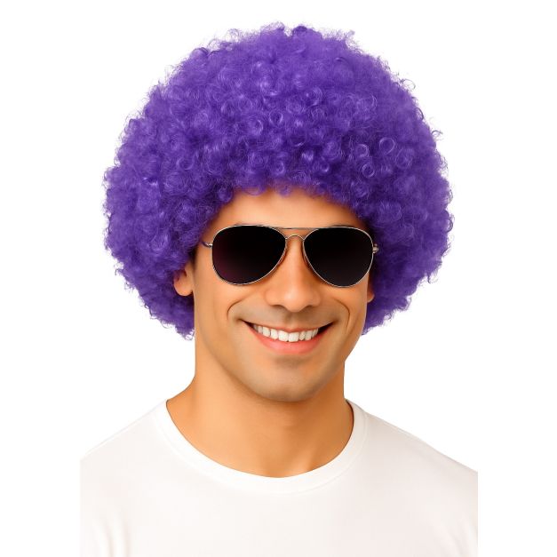 Purple afro wig with dense curly texture for 70s disco costume
