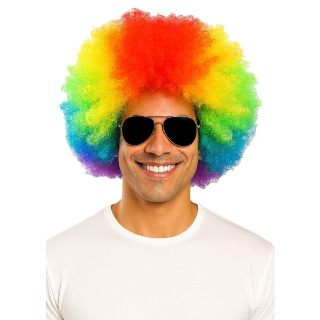 Adult rainbow afro wig with spectrum colour bands from red to purple