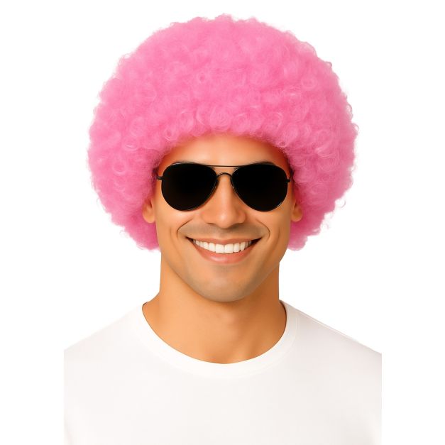 Bright pink afro wig with full curly volume for 70s disco costume Bright pink afro wig with full curly volume for 70s disco costume