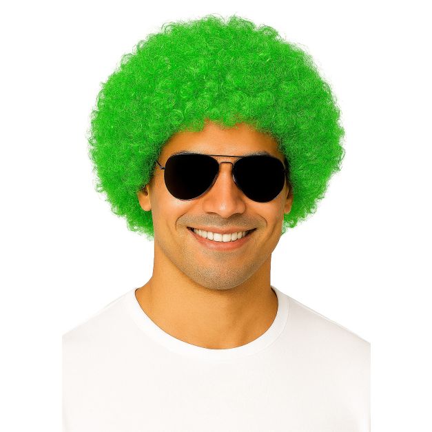 Adult green afro wig with voluminous curly texture on white background Adult green afro wig with voluminous curly texture on white background