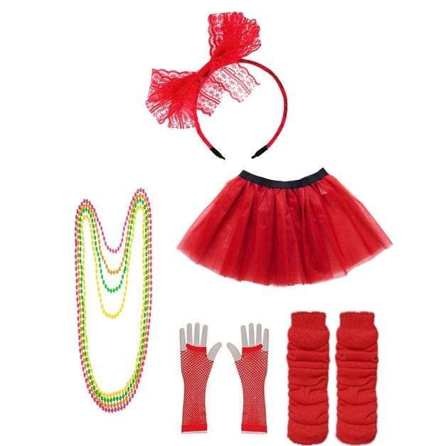 Women's red 80s tutu costume set with fishnet gloves and neon beaded necklaces