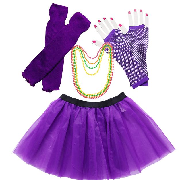 Womens 80s Costume Accessories Set - Purple Tutu Skirt Fishnet Gloves Leg Warmers Neon Beads - alternate view 7 Womens 80s Costume Accessories Set - Purple Tutu Skirt Fishnet Gloves Leg Warmers Neon Beads - alternate view 7