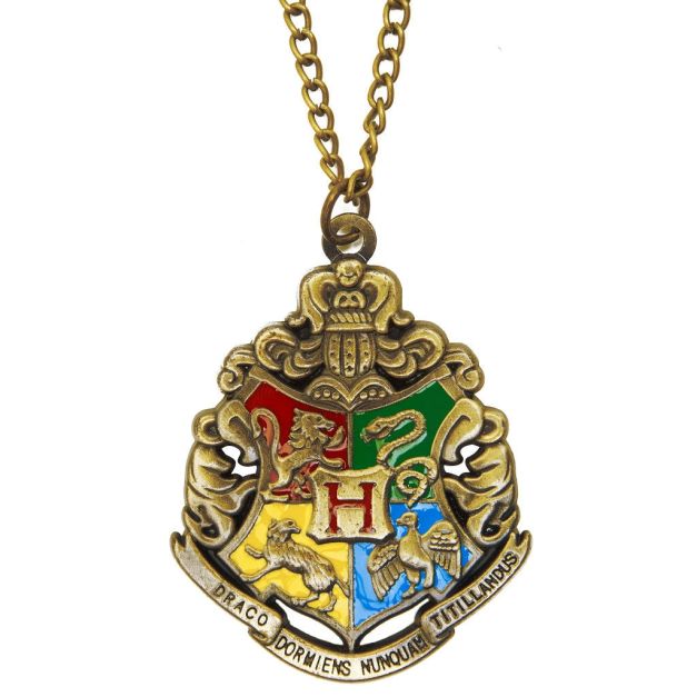 Bronze wizard school crest pendant necklace with four house emblems in red green yellow blue enamel Bronze wizard school crest pendant necklace with four house emblems in red green yellow blue enamel