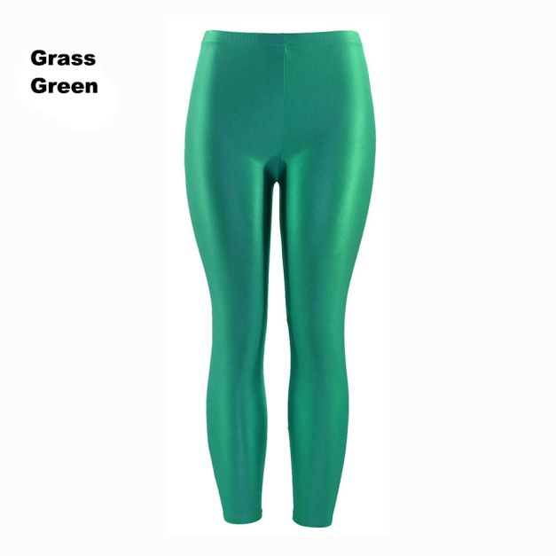Grass green shiny metallic leggings with high-waisted elastic waistband, full-length footless design for 80s disco parties Grass green shiny metallic leggings with high-waisted elastic waistband, full-length footless design for 80s disco parties