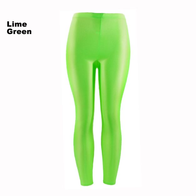 Adult Lime Green Neon Leggings - 80s Shiny Metallic Stretch Pants - alternate view 6 Adult Lime Green Neon Leggings - 80s Shiny Metallic Stretch Pants - alternate view 6