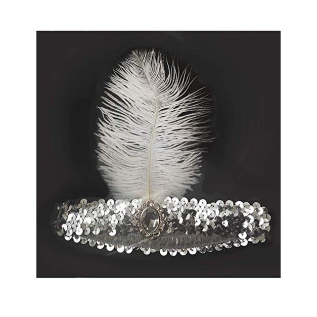 Silver sequined flapper headband with white ostrich feather and crystal centerpiece Silver sequined flapper headband with white ostrich feather and crystal centerpiece