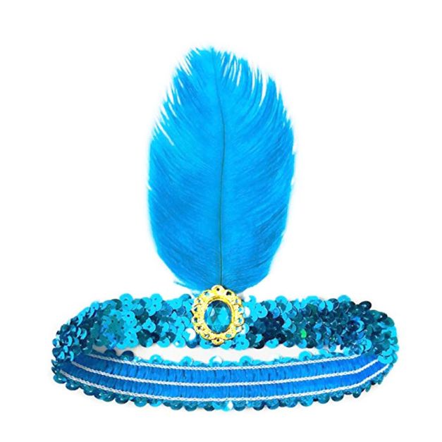 Blue sequined 1920s flapper headband with vertical feather and gold brooch Blue sequined 1920s flapper headband with vertical feather and gold brooch