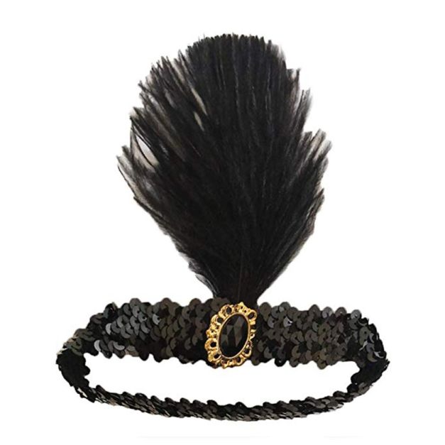 Black 1920s Headband Feather Vintage Bridal Great Gatsby Flapper Headpiece - alternate view