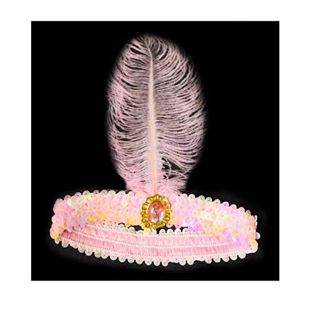 Pink 1920s flapper headband with feather plume and jeweled medallion Pink 1920s flapper headband with feather plume and jeweled medallion