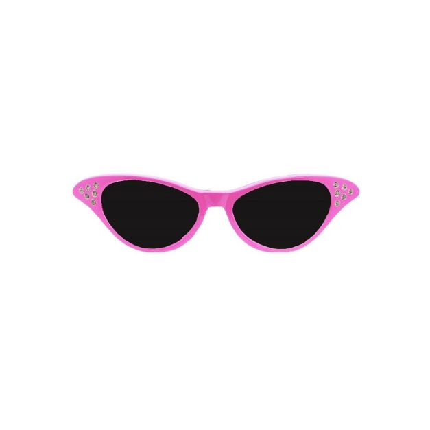 Hot pink cat-eye sunglasses with rhinestone embellishments on upswept corners Hot pink cat-eye sunglasses with rhinestone embellishments on upswept corners