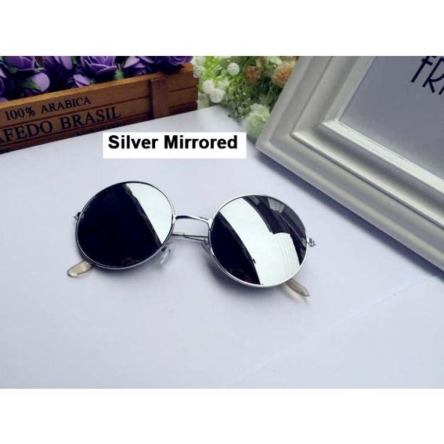 Silver mirror round sunglasses showing circular lens shape and double-bridge metal frame detail
