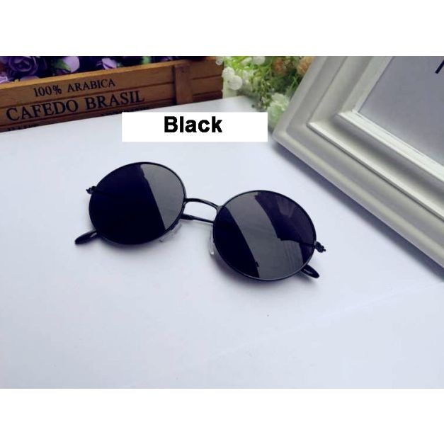 Black round wire-frame sunglasses with dark tinted lenses for retro 60s 70s 80s costume